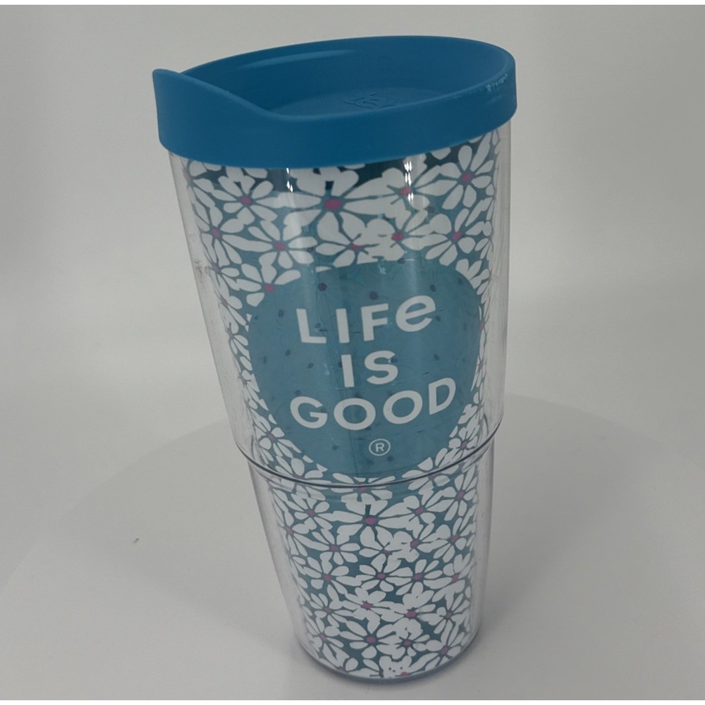 Tervis 24 oz Insulated Life is Good Light Blue White/Pink Flowers Blue Lid